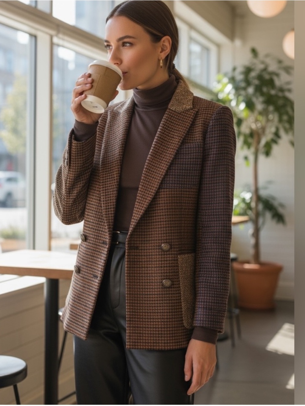 Veronica Beard Faustine Houndstooth Patchwork Dickey Jacket in Camel/ Ink Sz 6